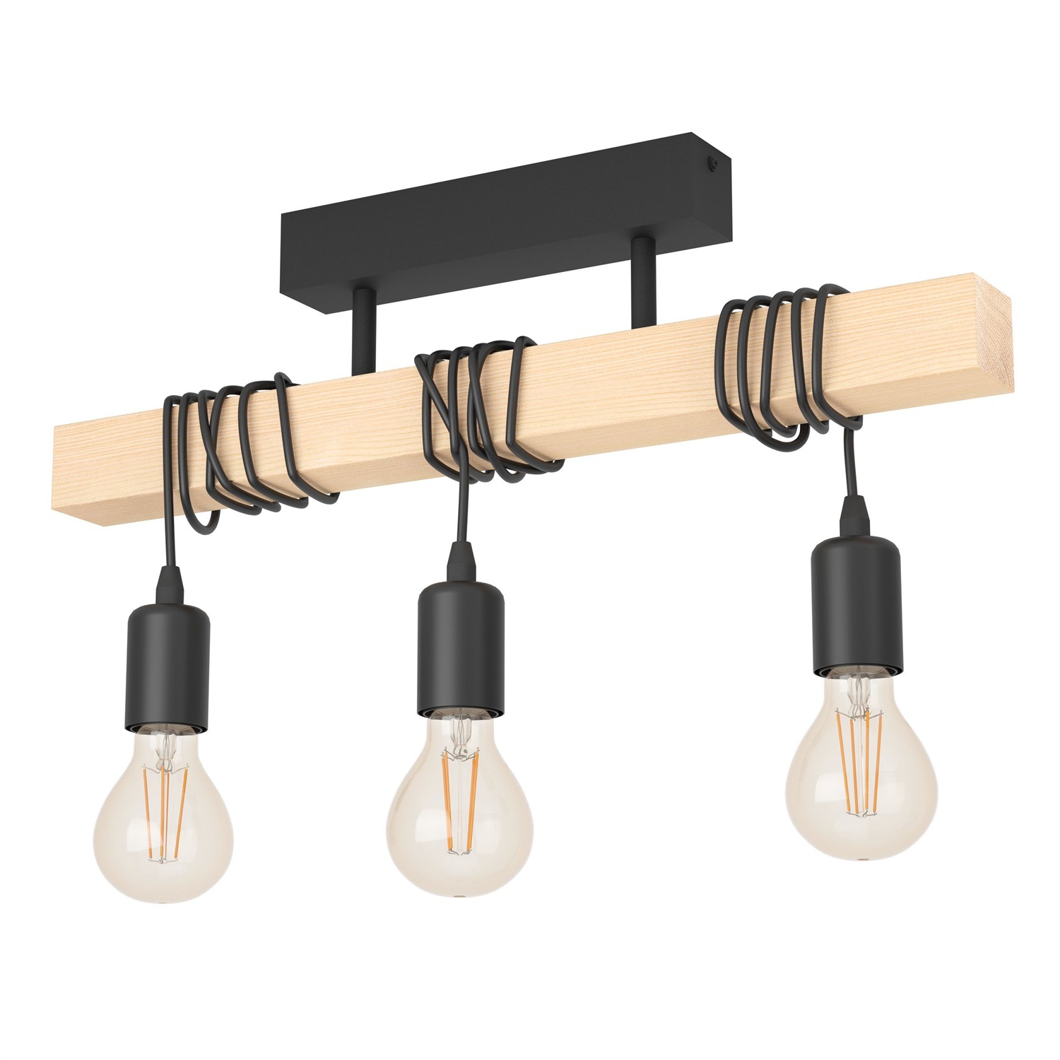 EGLO Plafoniera Townshend Vintage a 3 Punti Luce in Acciaio e Legno, Design Industriale, E27, Nero e Marrone, Certificazione FSC