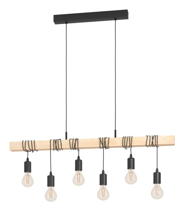 EGLO Townshend Lampada a Sospensione Vintage Industriale 6 Punti Luce E27 in Acciaio e Legno Certificato FSC