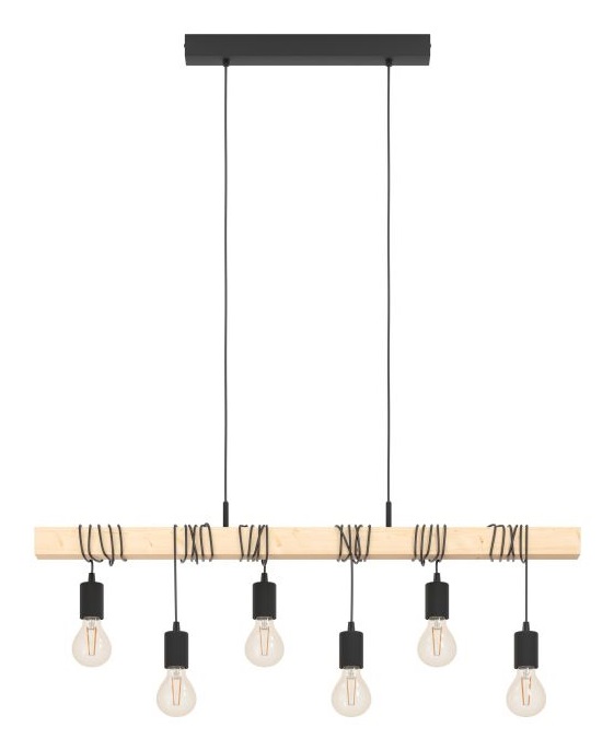 EGLO Townshend Lampada a Sospensione Vintage Industriale 6 Punti Luce E27 in Acciaio e Legno Certificato FSC