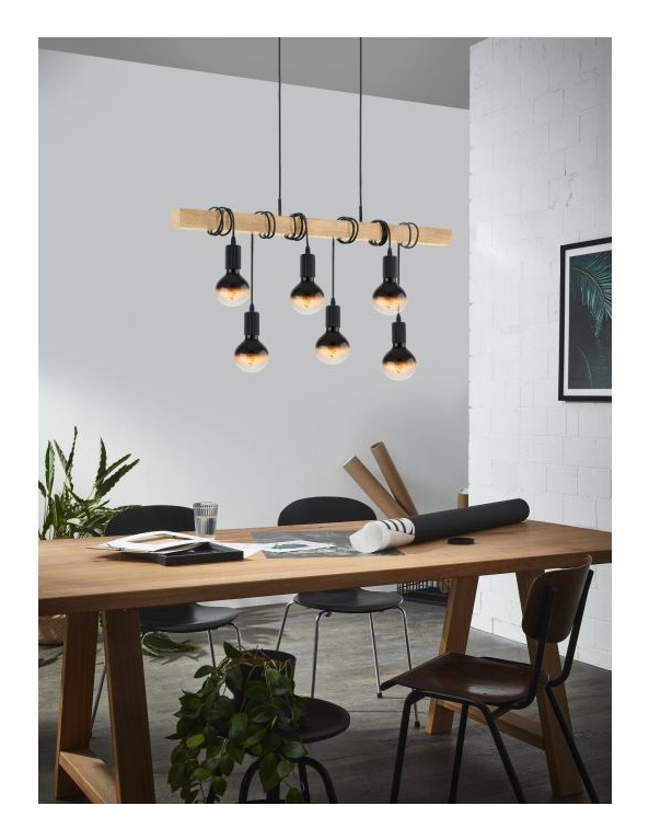 EGLO Townshend Lampada a Sospensione Vintage Industriale 6 Punti Luce E27 in Acciaio e Legno Certificato FSC