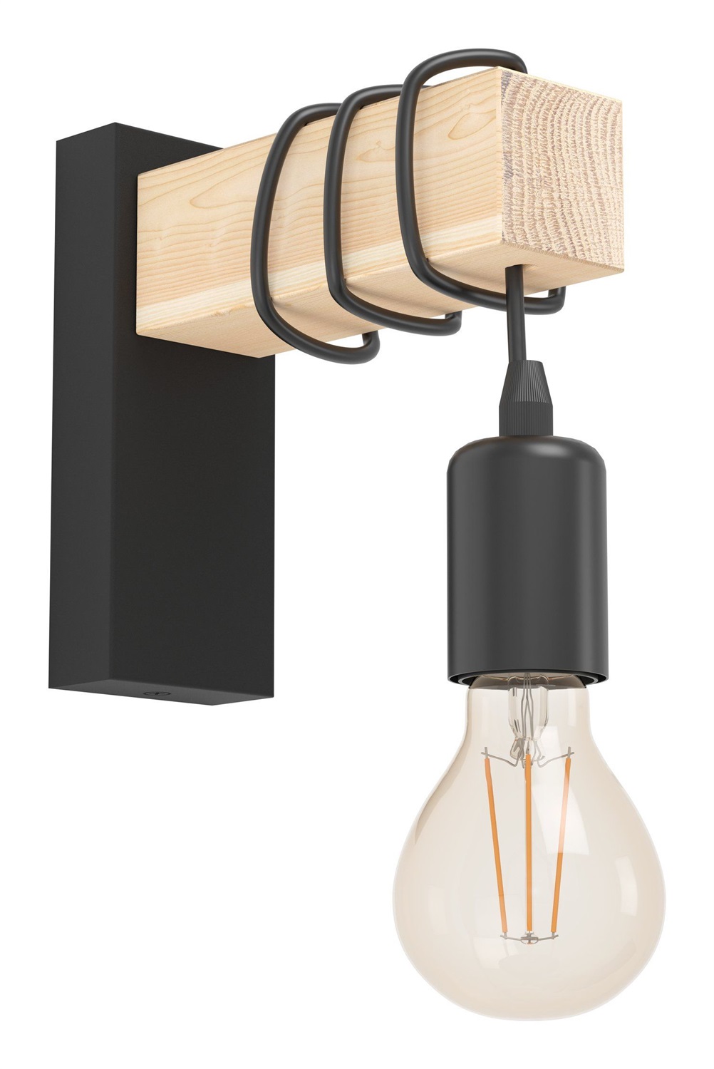 EGLO Lampada da Parete Townshend - Plafoniera Vintage a Uno Punto Luce in Acciaio e Legno, Design Industriale, E27, Certificazione FSC, Nero e Marrone