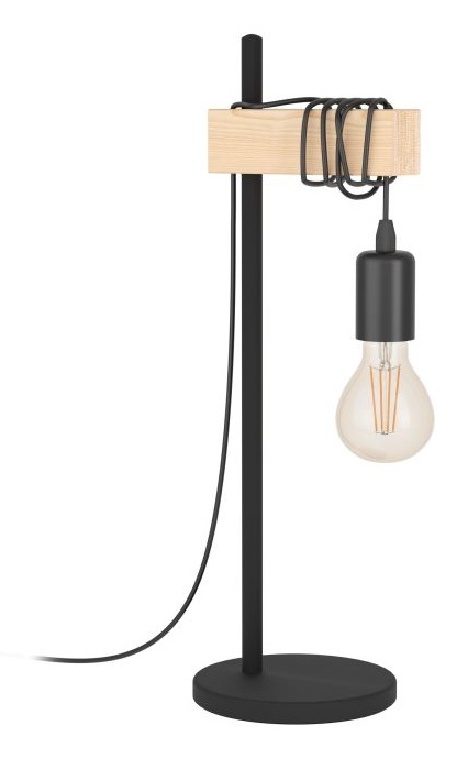 EGLO Lampada da Tavolo Townshend in Design Industriale Vintage con Trave di Legno, E27, Nero e Marrone, Inclusa Interruttore