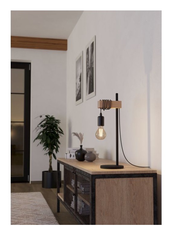 EGLO Lampada da Tavolo Townshend in Design Industriale Vintage con Trave di Legno, E27, Nero e Marrone, Inclusa Interruttore