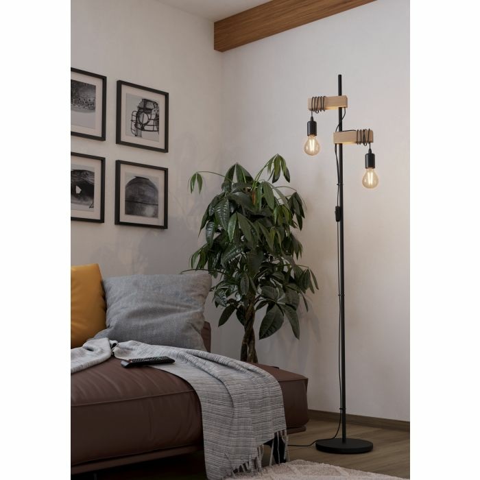 EGLO Lampada da Terra Townshend - Lampada a Stelo Vintage in Acciaio e Legno, 2 Punti Luce E27, Interruttore Incluso