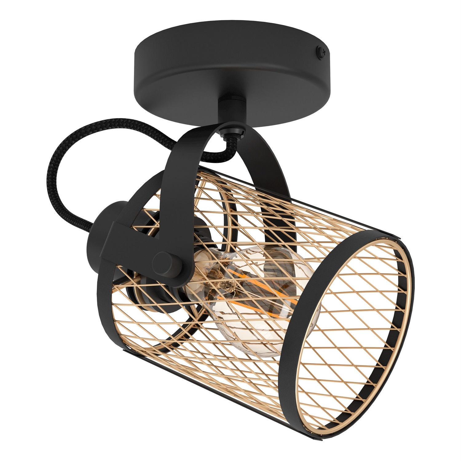 Eglo Faretto/Plafoniera Dellow - Design Industriale in Metallo Nero e Ottone Spazzolato, 1 Luce Orientabile