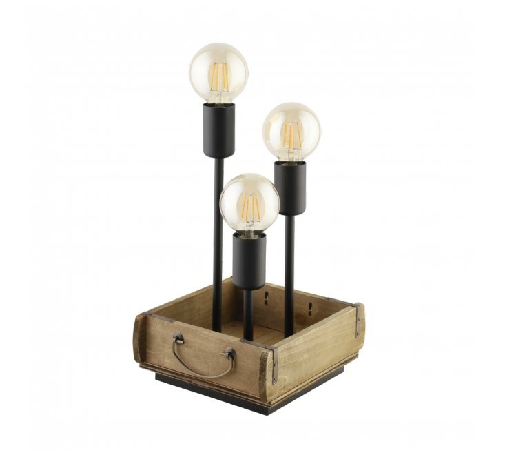 Eglo Lampada da Tavolo Wootton Vintage E27 in Legno Marrone e Metallo Nero con 3 Luci