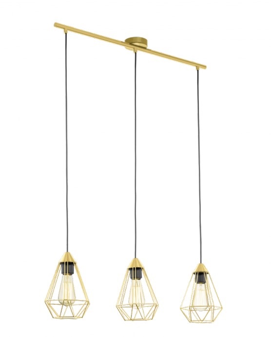 Eglo Tarbes Lampada a Sospensione a 3 Luci in Metallo Ottone Spazzolato con Paralumi a Forma di Diamante, E27, L 79 cm
