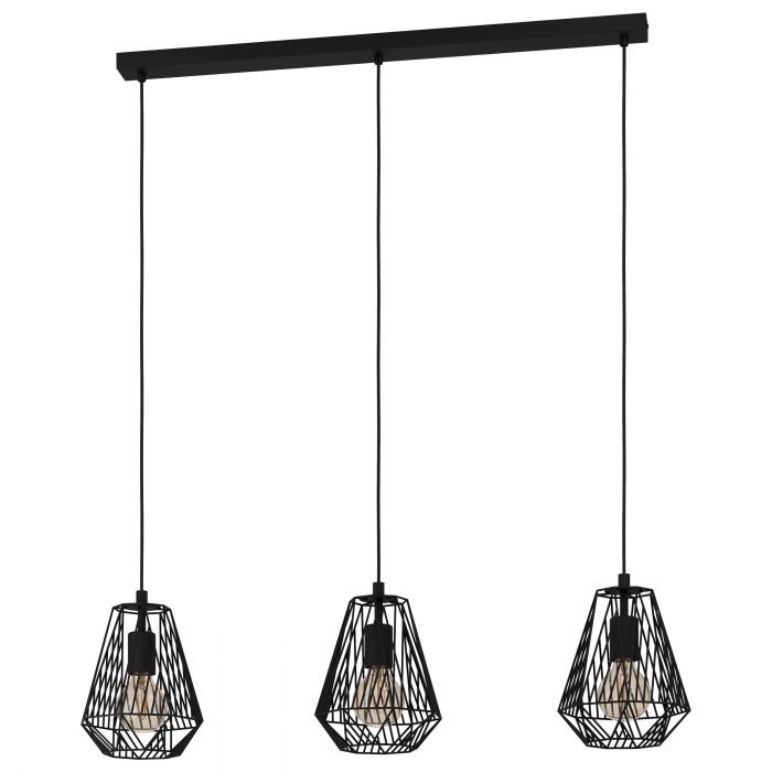 EGLO Lampada a Sospensione Stype 3 luci E27 in Metallo Nero con Paralumi a Forma di Diamante