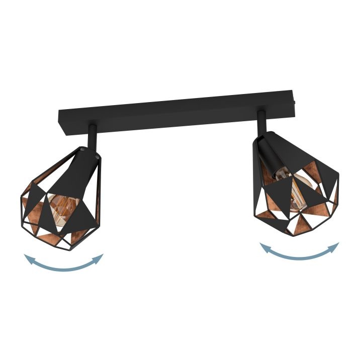 EGLO Carlton 7 Lampada da Soffitto con 2 Luci Orientabili E27 - Design Vintage in Acciaio Nero e Rame