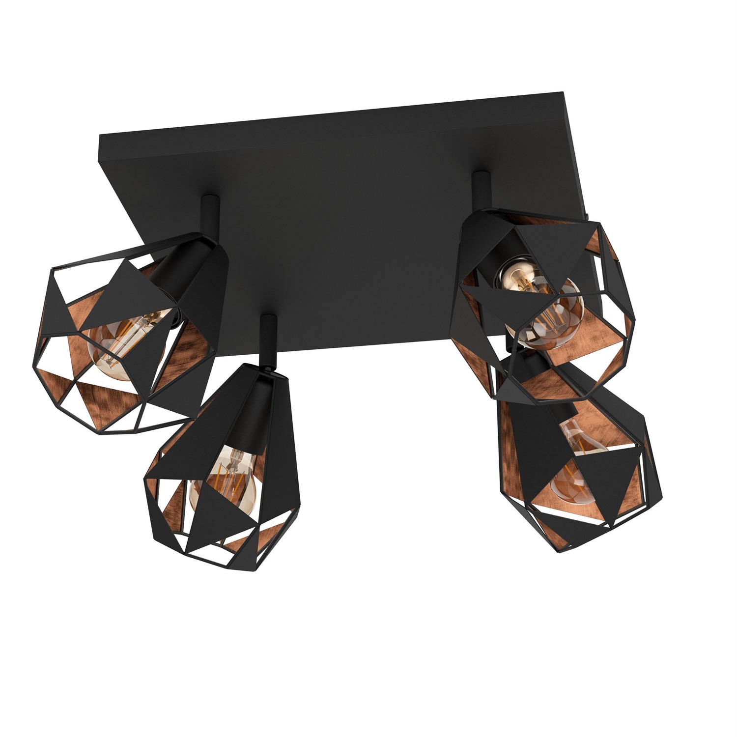 Eglo Carlton 7 Lampada a Soffitto E27 con 4 Faretti in Acciaio Nero e Rame - Stile Vintage Industriale