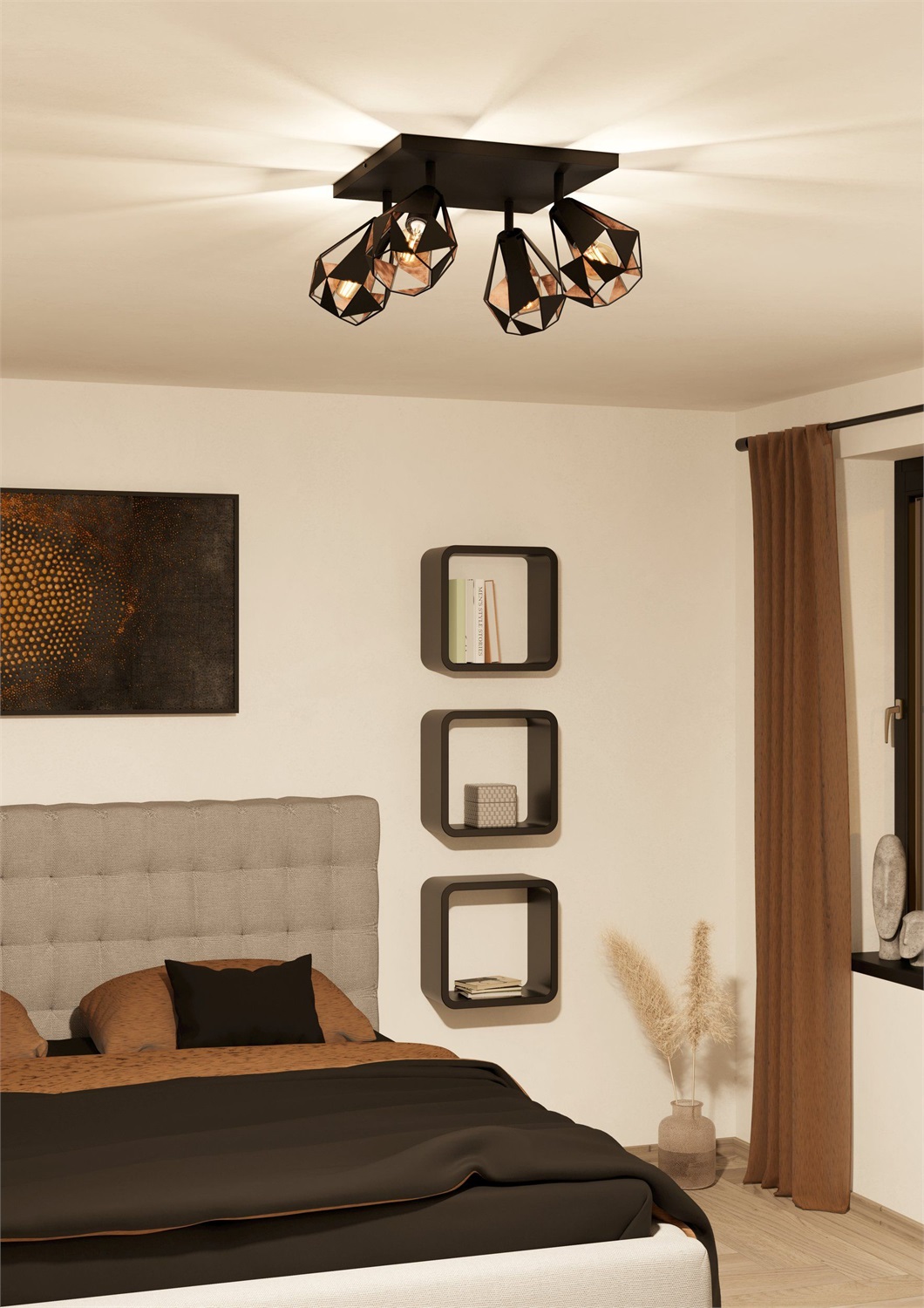 Eglo Carlton 7 Lampada a Soffitto E27 con 4 Faretti in Acciaio Nero e Rame - Stile Vintage Industriale