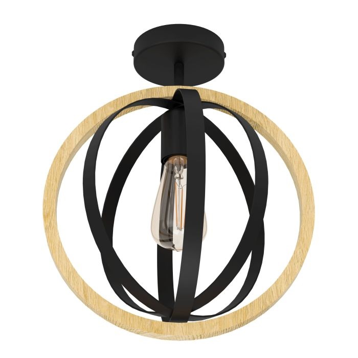 EGLO lampada da soffitto Basildon, rotonda in legno naturale e metallo nero, attacco E27