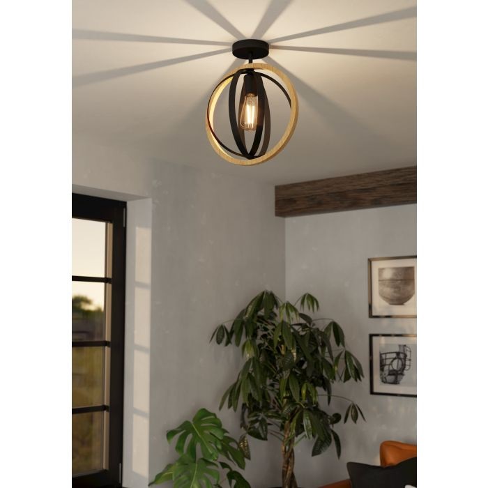 EGLO lampada da soffitto Basildon, rotonda in legno naturale e metallo nero, attacco E27