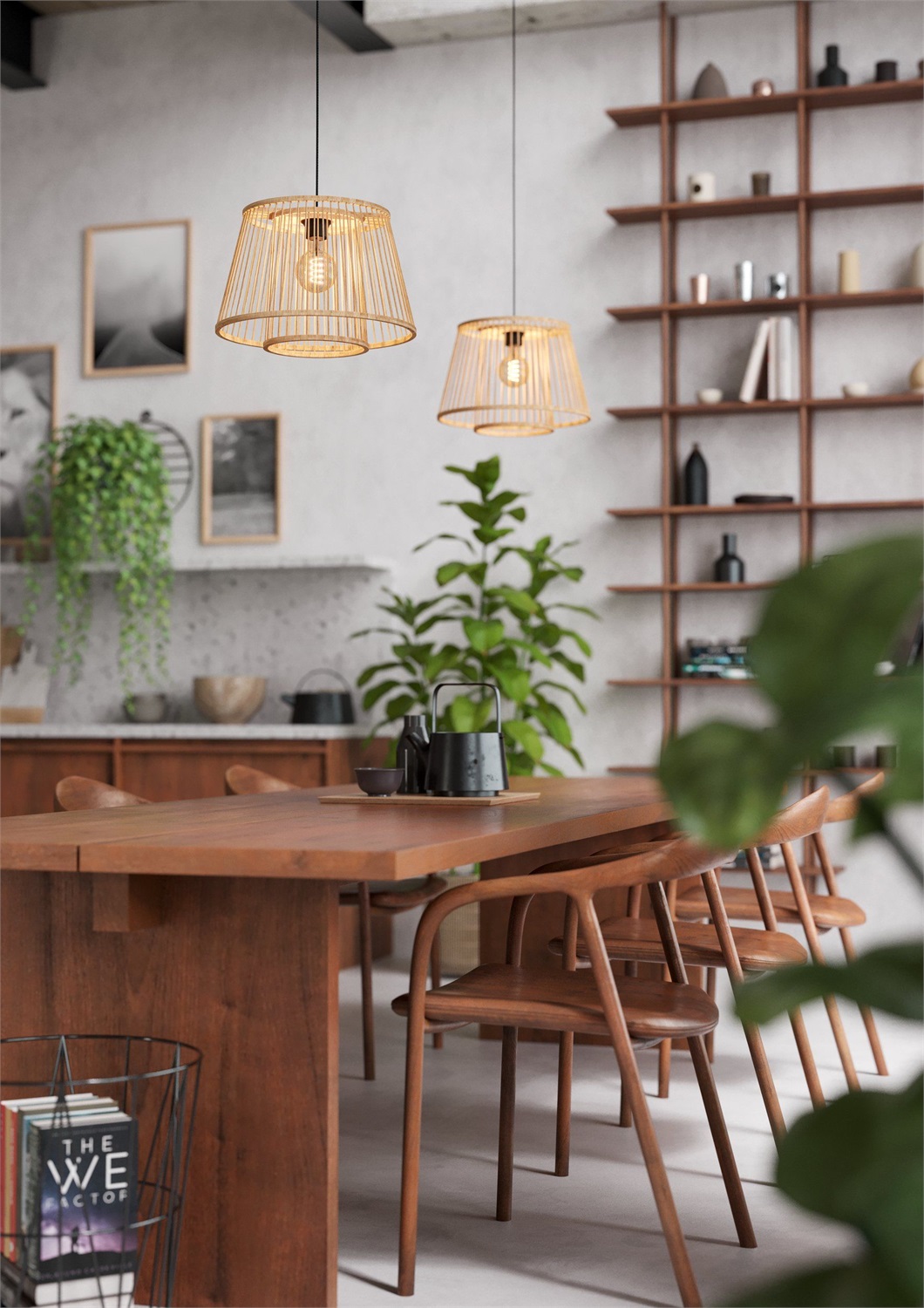 Eglo HYKEHAM Lampada a Sospensione E27 in Stile Rattan-Legno, 1 Luce, 38x110 cm