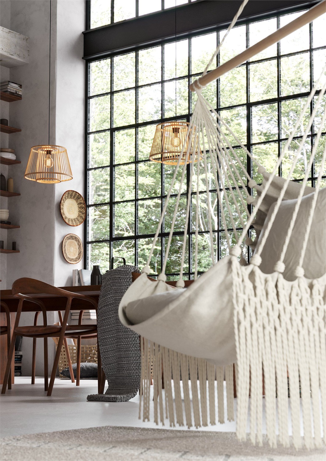 Eglo HYKEHAM Lampada a Sospensione E27 in Stile Rattan-Legno, 1 Luce, 38x110 cm