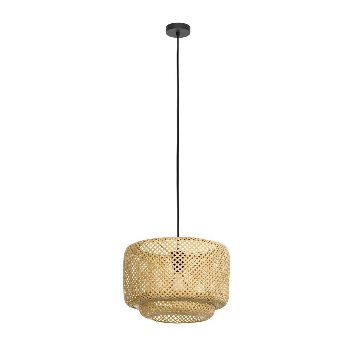 EGLO Hettonle Lampadario a Sospensione in Rattan Naturale e Metallo Nero, 1 Luce E27, 42 cm