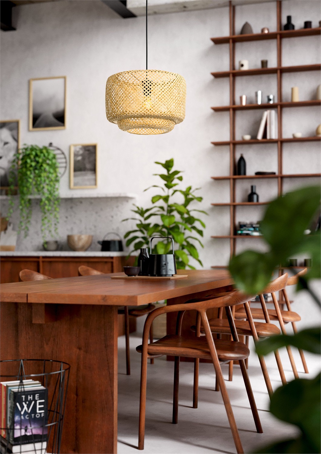 EGLO Hettonle Lampadario a Sospensione in Rattan Naturale e Metallo Nero, 1 Luce E27, 42 cm