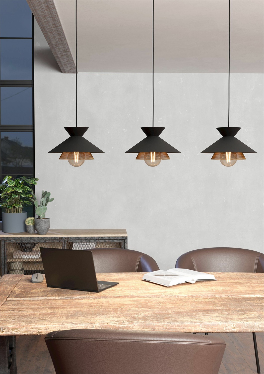 Eglo Grizedale Lampadario a Sospensione 3 Luci in Metallo Nero e Ottone, Stile Japandi, Attacco E27, Diametro 96 cm
