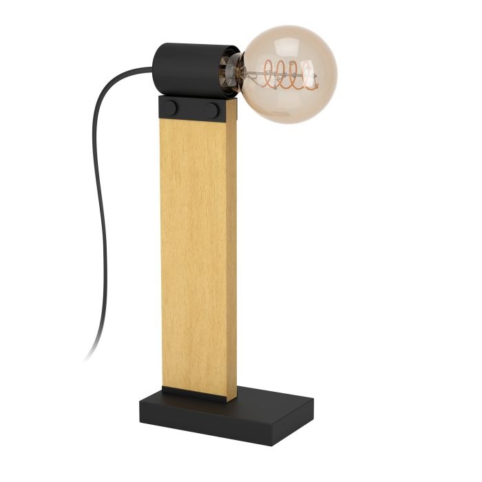 Eglo Lampada da Tavolo Vintage Bailrigg in Acciaio Nero e Legno Naturale, Design Rettangolare con Attacco E27
