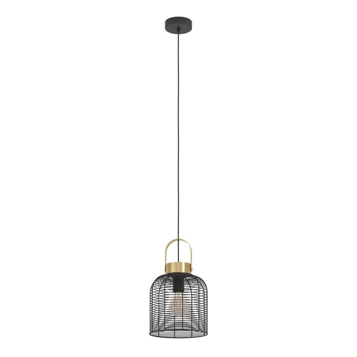 Eglo Roundham - Lampadario Industriale a Sospensione in Ottone e Metallo Nero, Diametro 22 cm, Attacco E27, Dimmerabile