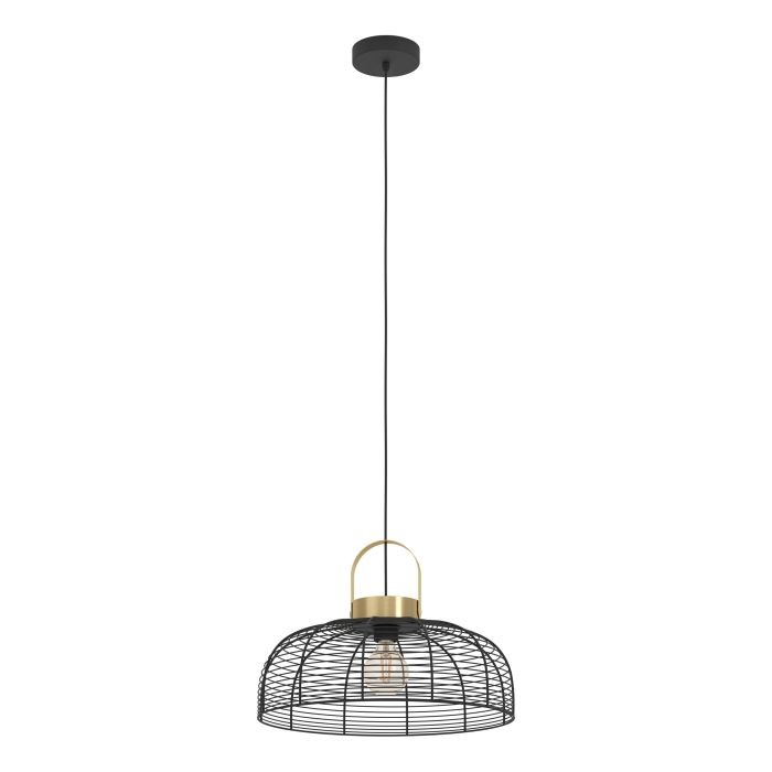Eglo Roundham - Lampadario a sospensione dimmerabile in stile industriale, H110 x Ø45 cm, nero e ottone spazzolato, attacco E27