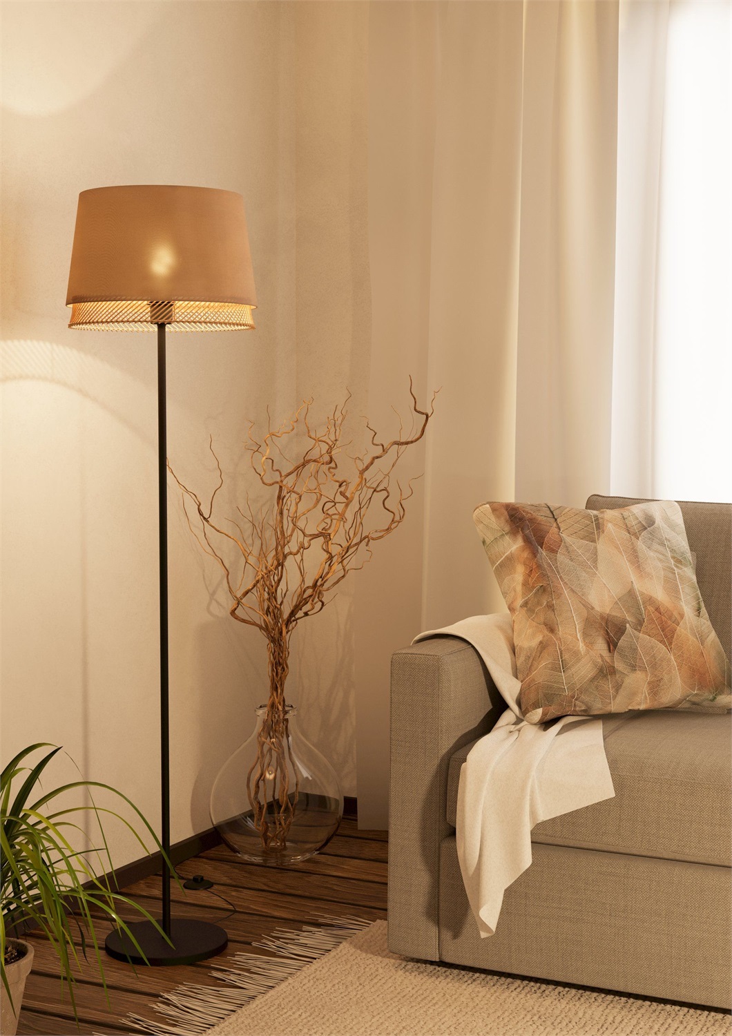 EGLO Tabley Lampada da Terra E27 40 W in Metallo Nero con Paralume in Bambù e Lino, Altezza 150 cm