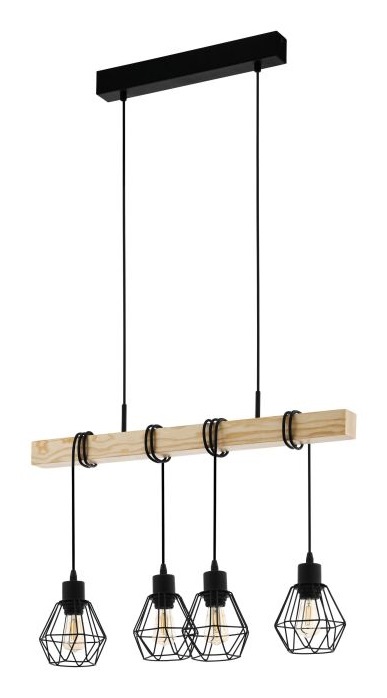 EGLO Townshend 5 Lampada a Sospensione Vintage Industriale con 4 Luci E27 in Acciaio e Legno Certificato FSC