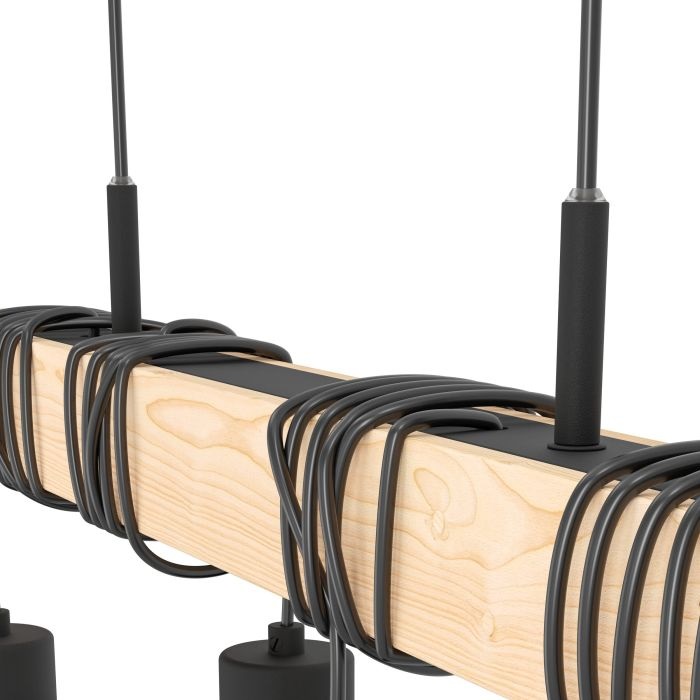 EGLO Townshend 5 Lampada a Sospensione Vintage Industriale con 4 Luci E27 in Acciaio e Legno Certificato FSC