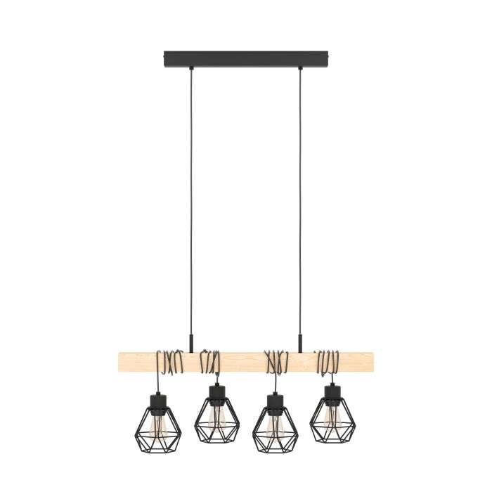 EGLO Townshend 5 Lampada a Sospensione Vintage Industriale con 4 Luci E27 in Acciaio e Legno Certificato FSC
