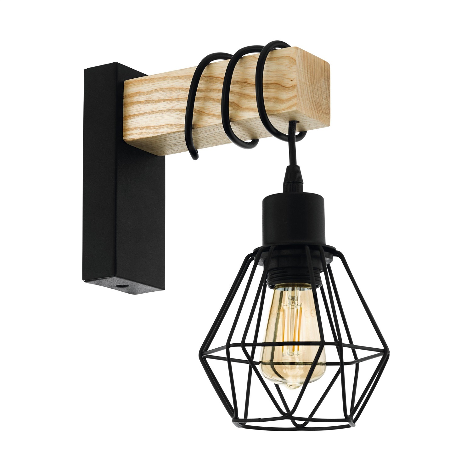 EGLO Lampada da parete Townshend 5 - Plafoniera Vintage Industriale in Acciaio e Legno Massiccio, 1x E27, Design Nordico, Nero e Marrone