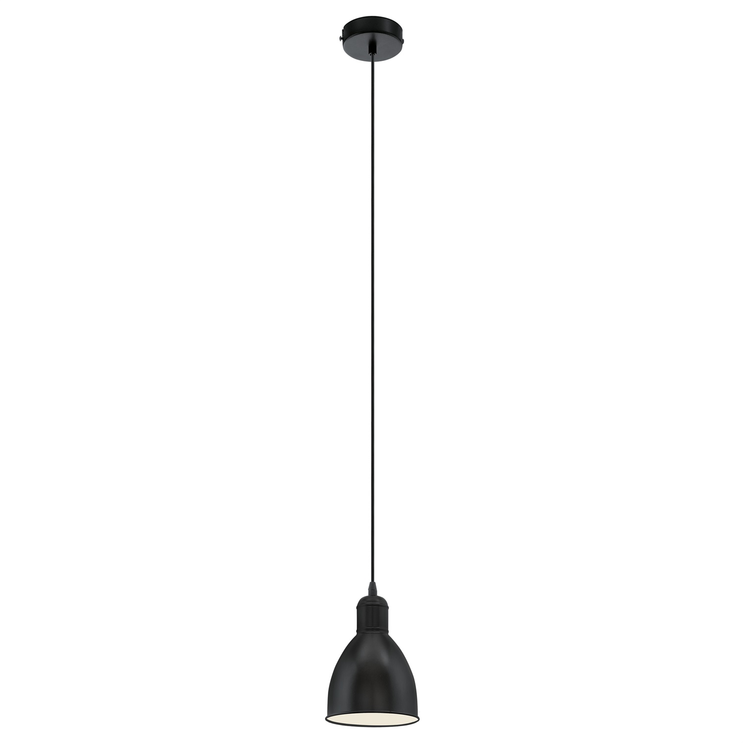 EGLO Priddy Lampada a Sospensione in Metallo Nero Opaco con Interno Bianco, Design Vintage e Industriale, Diametro 15,5 cm, Altezza 110 cm, Attacco E27