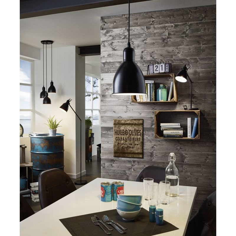 EGLO Priddy Lampada a Sospensione in Metallo Nero Opaco con Interno Bianco, Design Vintage e Industriale, Diametro 15,5 cm, Altezza 110 cm, Attacco E27