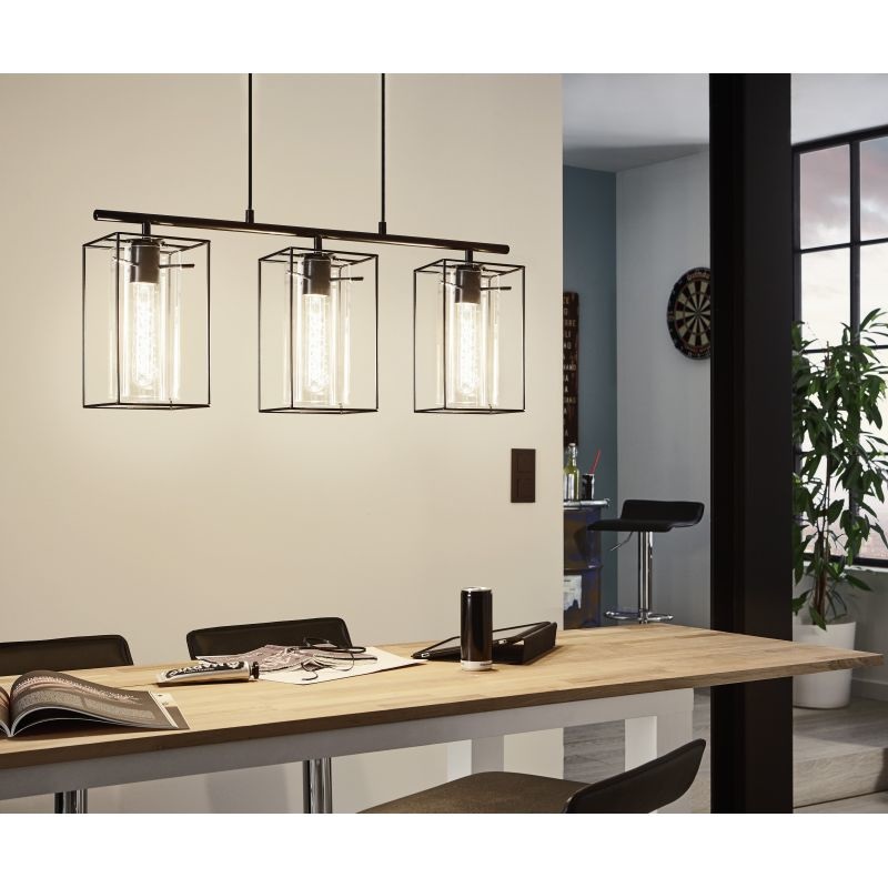 EGLO Lampada a Sospensione Loncino Vintage in Acciaio e Vetro Fumé, 3 Punti Luce, E27, Diametro 38 cm