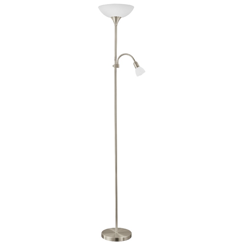 Eglo Up 2 Lampada a Piantana a 2 Luci in Metallo e Vetro, Argento e Bianco, Lampada da Lettura con Interruttore, E27/E14