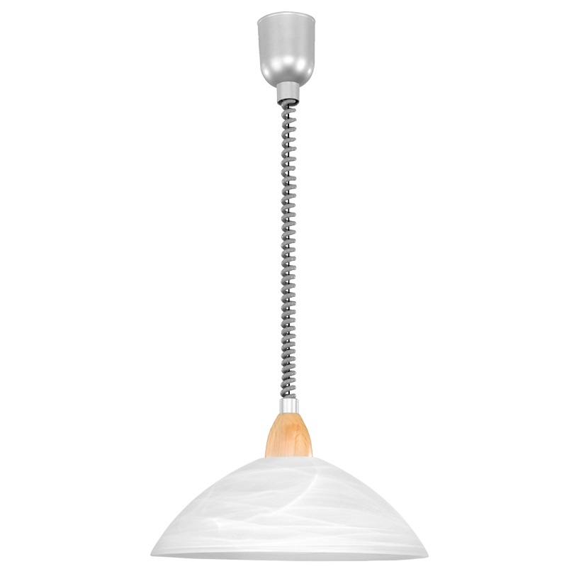 EGLO LORD 2 Lampadario a Sospensione Regolabile in Altezza, 1 Luce, Vetro Alabastro Bianco, Plastica Argento e Legno Naturale, Attacco E27