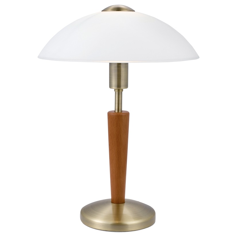 Eglo Solo 1 Lampada da Tavolo E14 60 W in Acciaio e Legno Brunito e Noce con Paralume in Vetro Bianco Satinato e Dimmer Touch