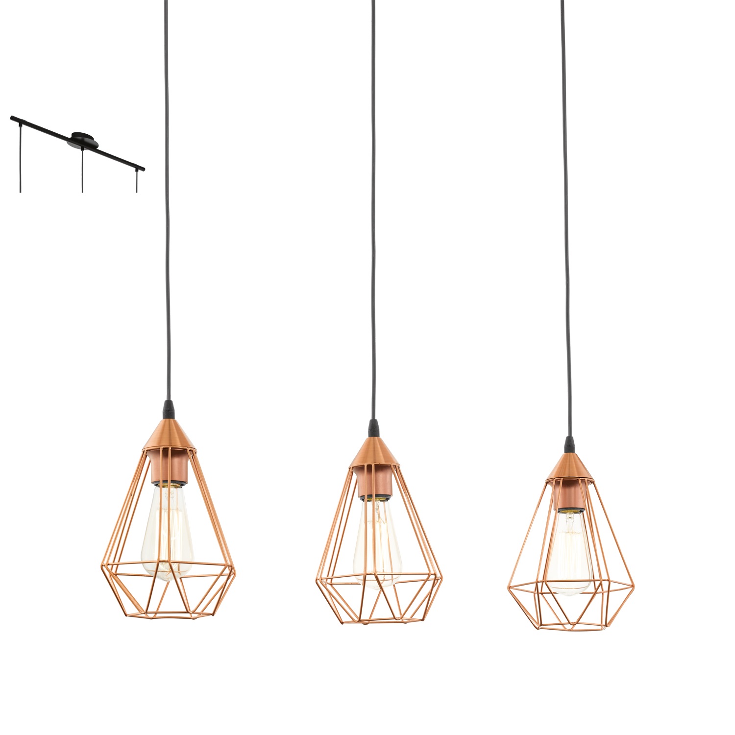 EGLO Lampada a sospensione Tarbes 3 luci E27 in acciaio e rame, stile vintage e retrò
