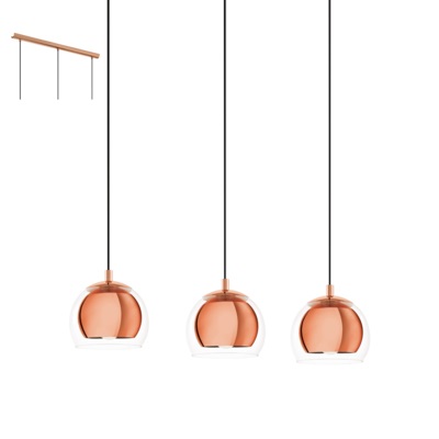 EGLO Rocamar Lampada a Sospensione 3 Luci E27 in Rame e Vetro Fumè, 40 W, Design Moderno