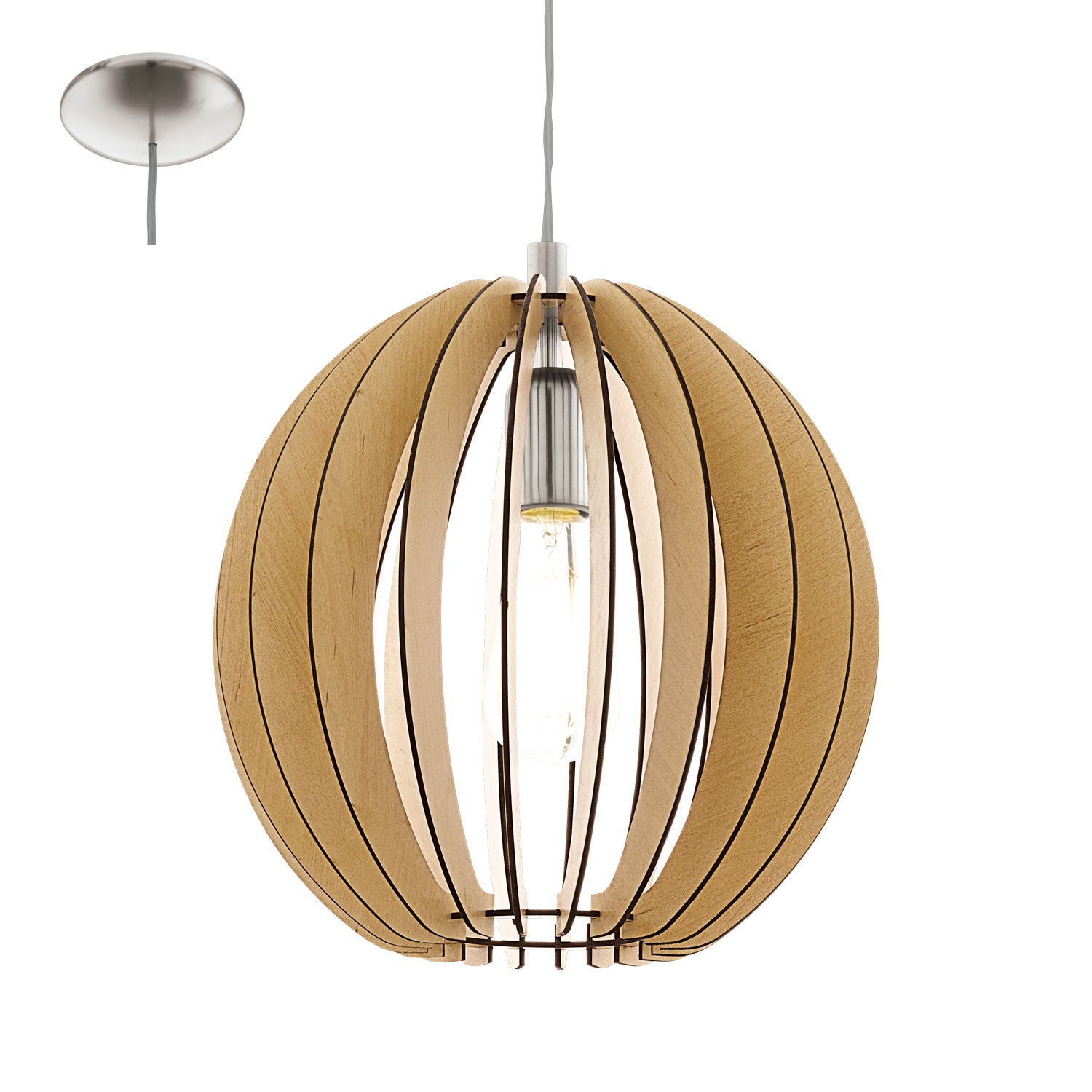 EGLO COSSANO Lampada a Sospensione in Legno Taglio Laser e Acciaio Satinato, E27, Altezza 130 cm, Larghezza 30 cm