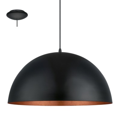 Eglo GAETANO 1 Lampada a Sospensione E27 in Metallo Nero e Rame con Diffusore in Legno Acero e Vetro Satinato, Dimensioni 28.5 x H25 cm