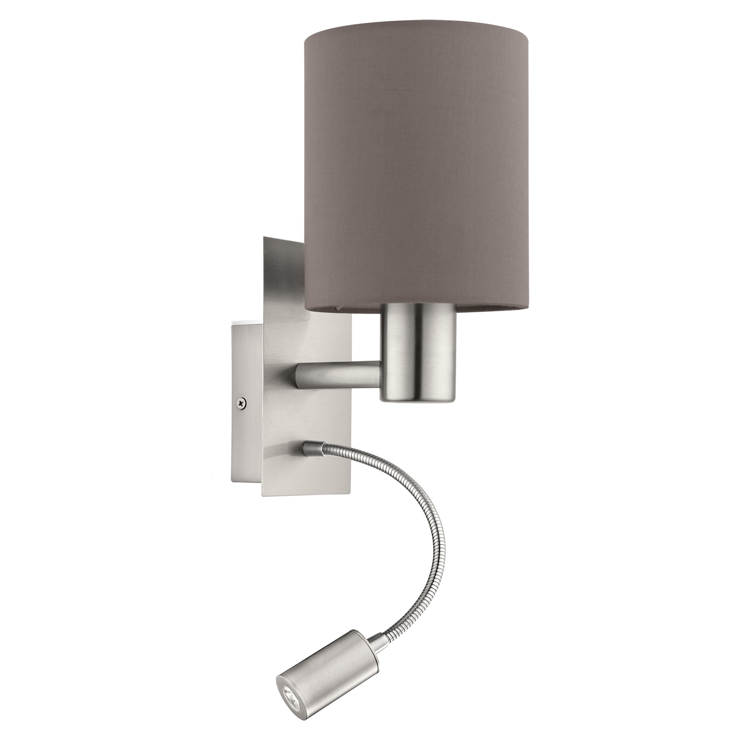 EGLO Applique a LED Pasteri E27 3,5 W in Acciaio Nichel Opaco e Tessuto Marrone Antracite con Luce di Lettura Flessibile