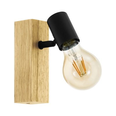 EGLO Townshend 3 Faretto da Parete Vintage in Acciaio e Legno, Design Industriale, 1 Luce E27, Nero e Marrone