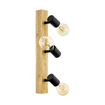 Eglo Townshend 3 Plafoniera Vintage a Tre Punti Luce in Acciaio e Legno, Design Industriale, Colori Nero e Marrone, E27