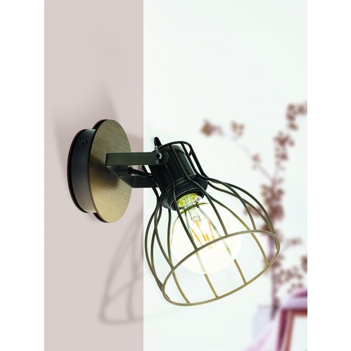EGLO Sambatello Spot Orientabile E27 in Alluminio Grigio e Legno Noce - Design Industriale
