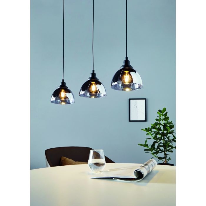 Eglo Beleser Lampada a Sospensione E27 con 3 Luci in Metallo Nero e Vetro Fumo, 90,5 cm