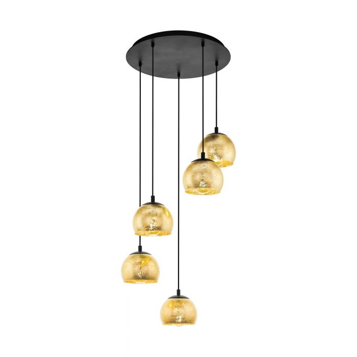 EGLO Albaraccin Lampada a Sospensione Contemporanea 5 Luci in Metallo Nero e Vetro Dorato, Dimmerabile, Ø 27 cm