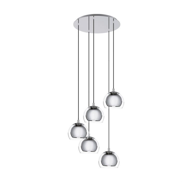 Eglo Rocamar 1 Lampadario a Sospensione Moderno in Acciaio e Vetro Cromato, 5 Luci, Attacco E27