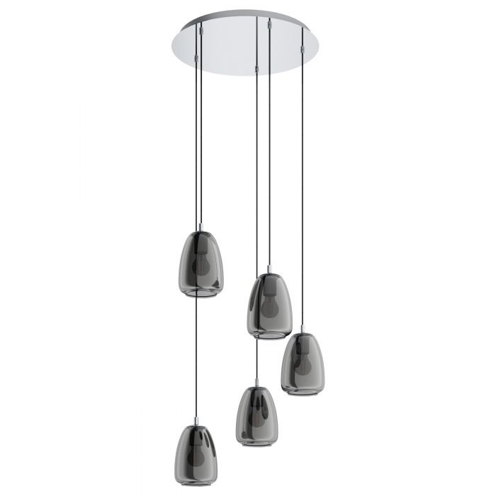 EGLO Alobrase Lampada a Sospensione 5 Luci in Metallo Cromato e Vetro Fumo Nero-Trasparente, Attacco E27, Ø 54 cm