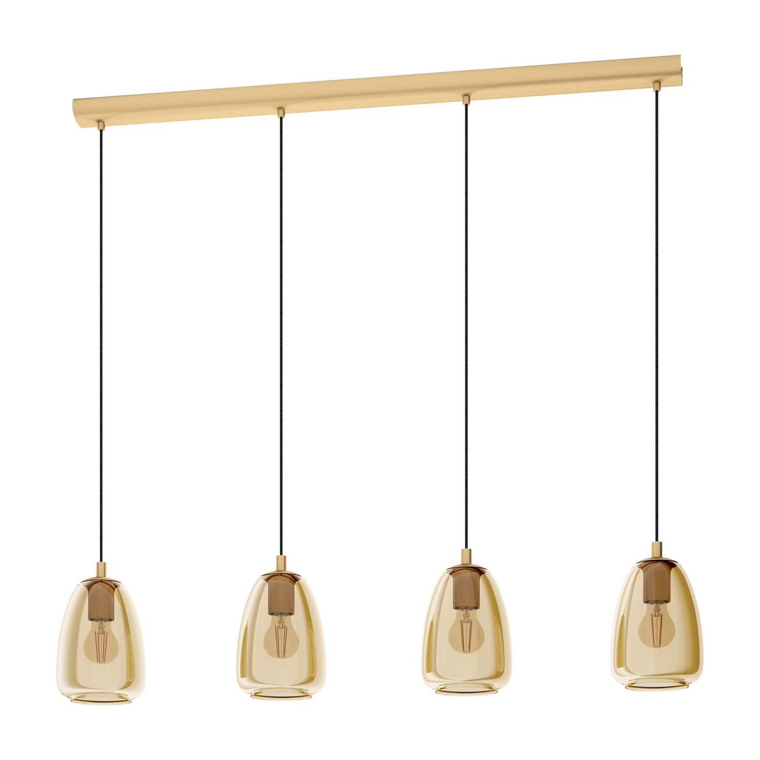 Eglo Alobrase Lampada a Sospensione con 4 Luci, Metallo Ottone Spazzolato e Vetro Fumo Color Ambra, Attacco E27, 108 cm