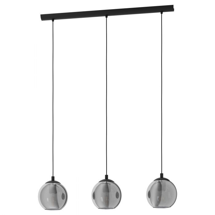 Eglo Ariscani Lampada a Sospensione con 3 Luci, Metallo Nero e Vetro Fumo Nero-Trasparente, Attacco E27, 76,5 cm